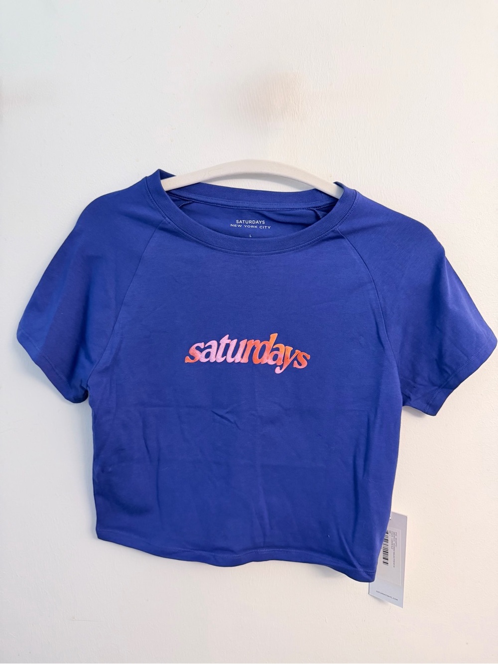 NWT Saturdays New York City Royal Blue Cropped Tee with Pink-Orange Logo